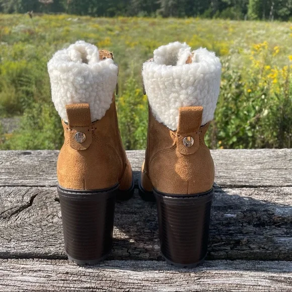 8 10 NWT Nine West tan chunk heel faux fur suede vegan moto combat boots - Picture 9 of 13